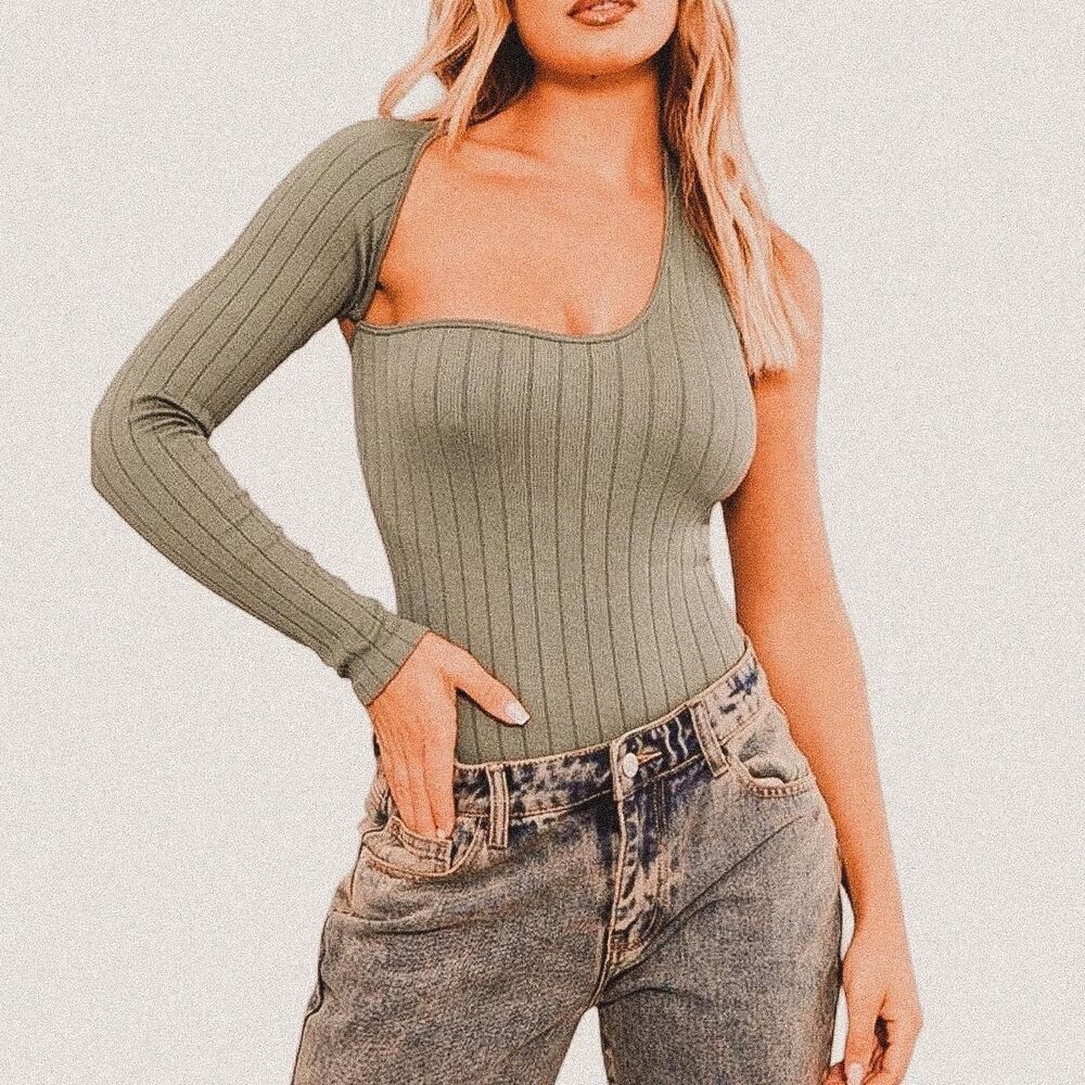 PrettyLittleThing Green Ribbed One-Sleeve Cutout Bodysuit Y2K Soft Grunge Small